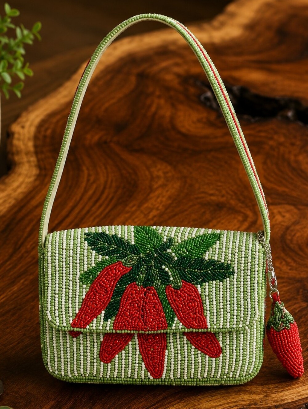 Viral "Made in India" Beaded Chilli Bunch Flap Lined Shoulder Bag Purse NWT